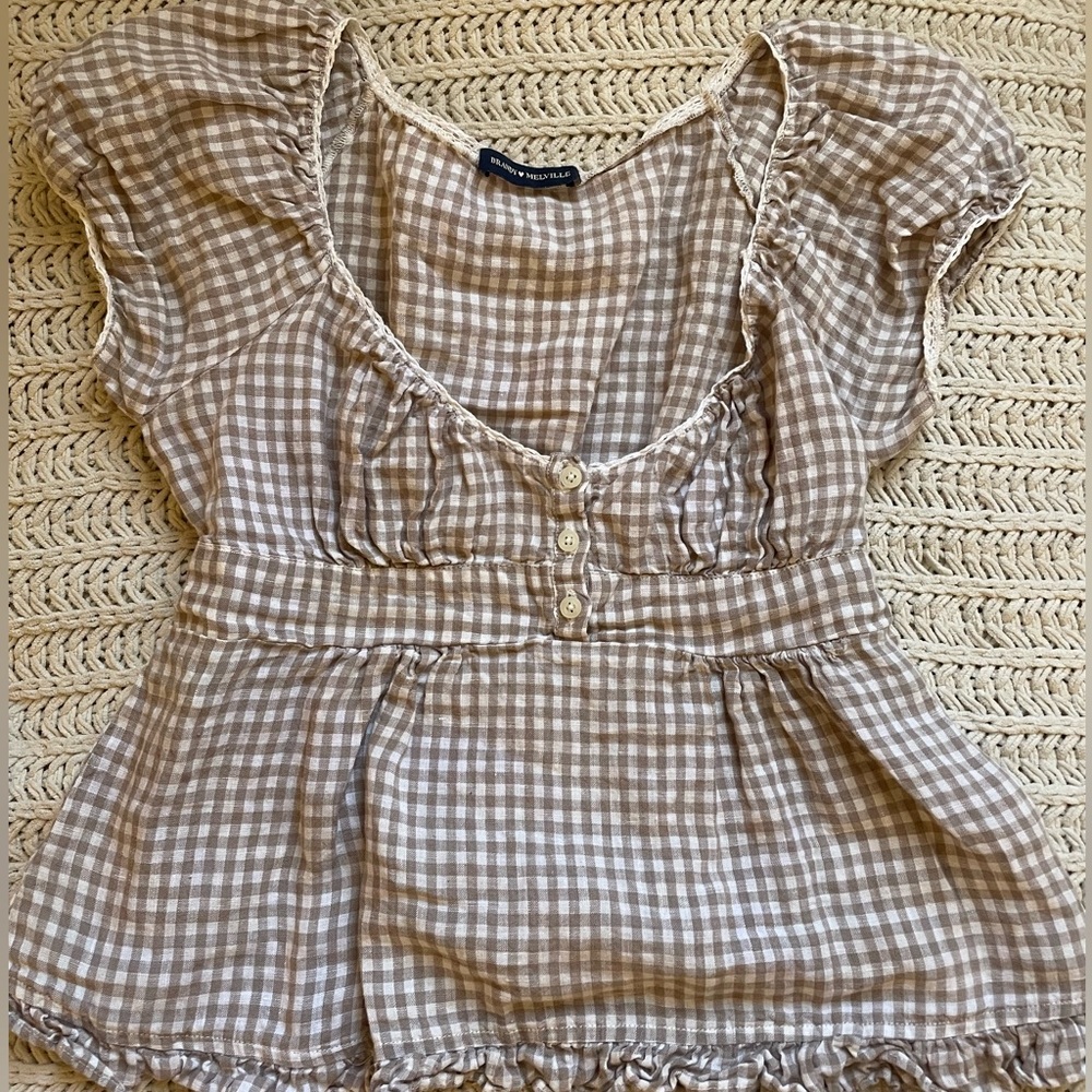 Brandy Melville tan and white gingham Blair top